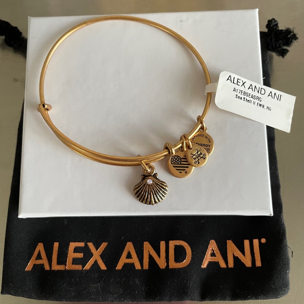 Alex and Ani Rafaelian Gold Sea Shell with opal Swarovski  Charm Bangle